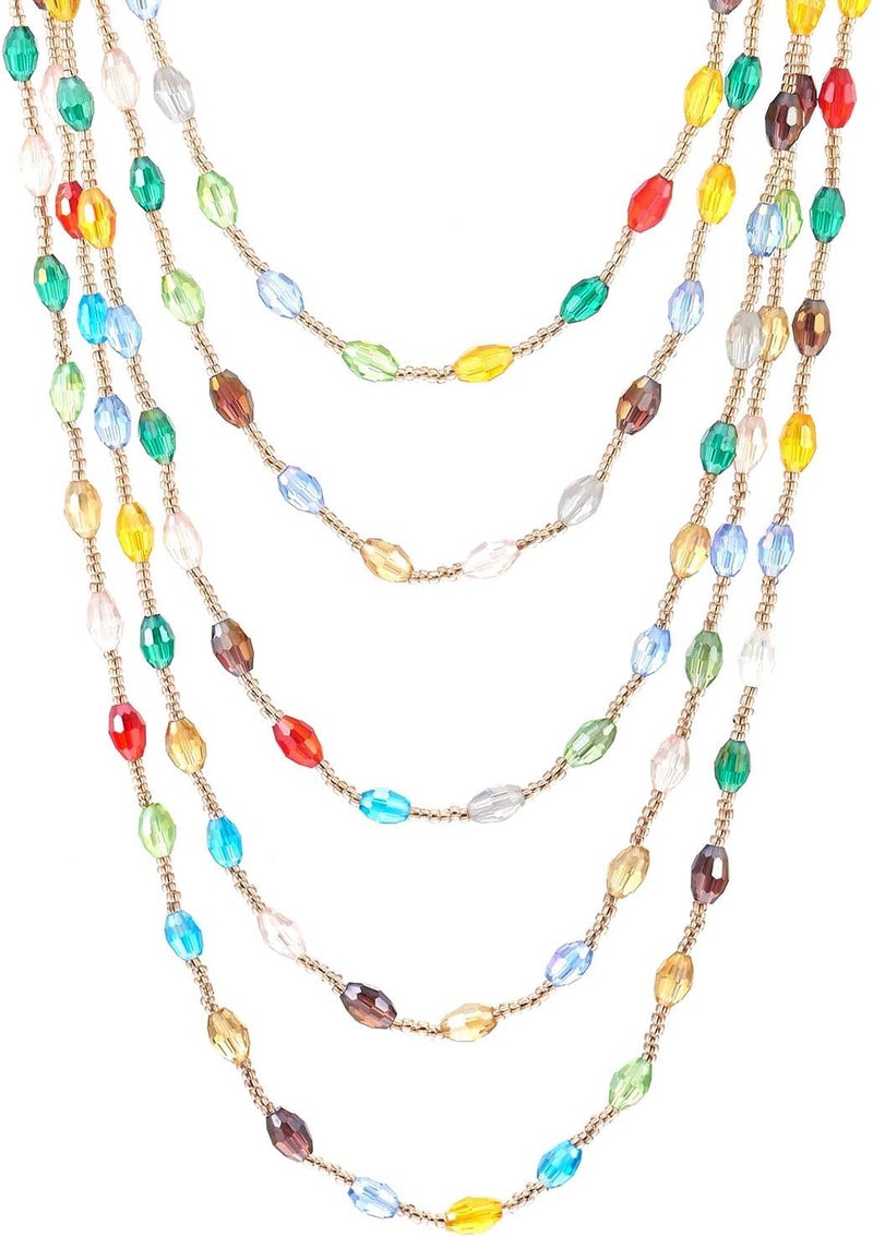 COOLSTEELANDBEYOND Oval Beads Statement Necklace Multi-Strand Long Chains with Crystal Charm Pendant - Image 3